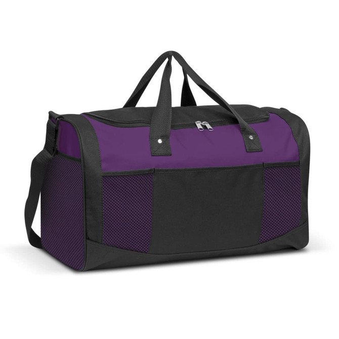 A purple and black duffle bag with a decorative design, featuring handles and a shoulder strap. It has a logo.