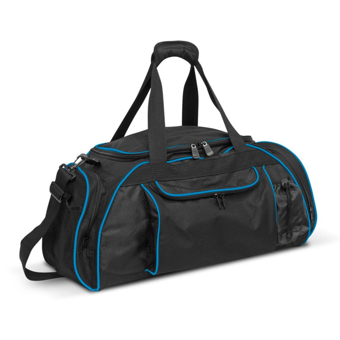 A black duffle bag with blue accents features multiple compartments and a shoulder strap, along with a logo.