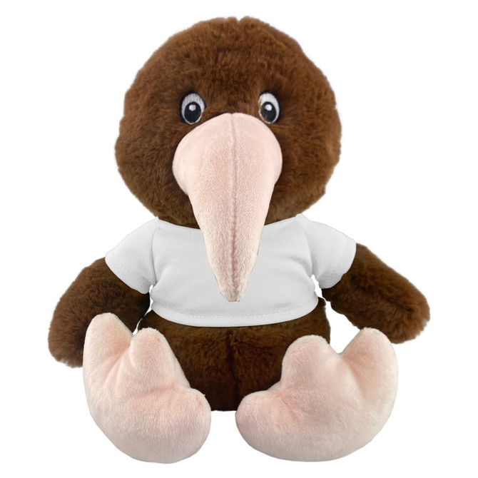 A brown kiwi plush toy with a large pink beak, wearing a white shirt and featuring a branding logo.