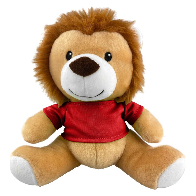 A plush lion toy with a brown body, a fluffy mane, and a red shirt, featuring a friendly smile.