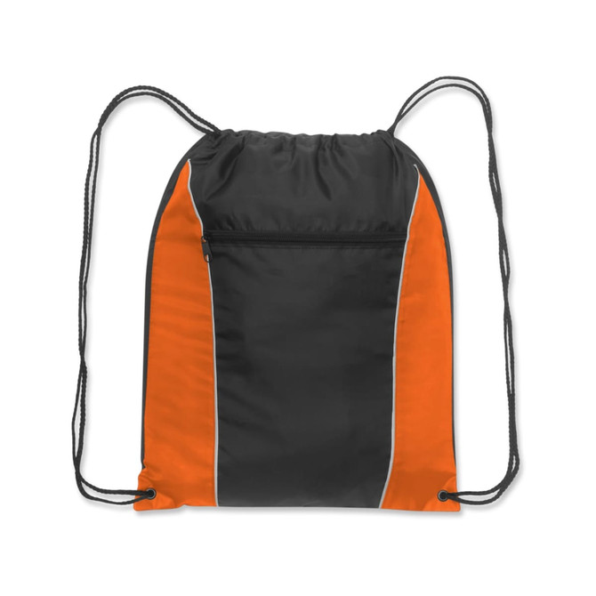 A black and orange drawstring backpack with a front zip pocket and contrasting side stripes. It features a logo.