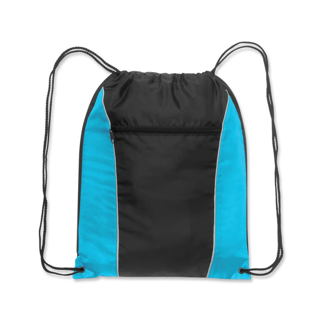 A black and blue drawstring backpack with a zippered pocket and a logo.