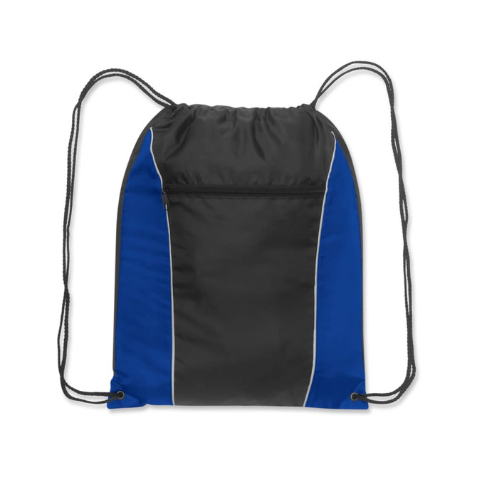 A drawstring backpack features a black and blue design with a zippered front pocket and black cords.
