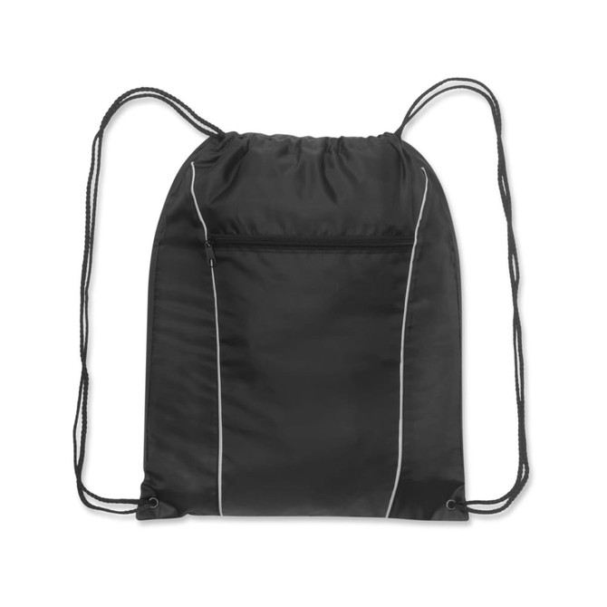 A black drawstring backpack with white piping and a front pocket. The bag features adjustable drawstrings.