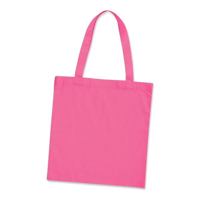 A pink cotton tote bag with two handles and a plain design, featuring a logo on one side.