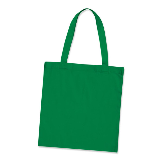 A green cotton tote bag with shoulder straps and a plain design, featuring a branded logo.