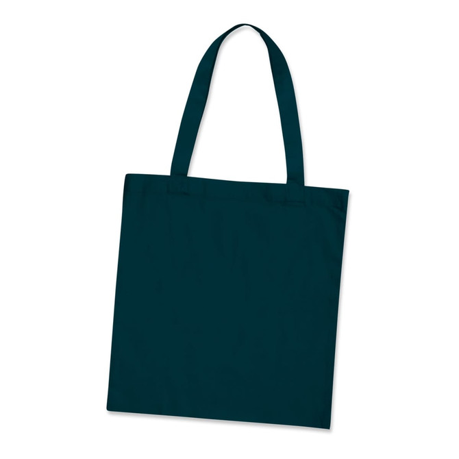 A teal cotton tote bag with two handles and a plain design, featuring a logo.