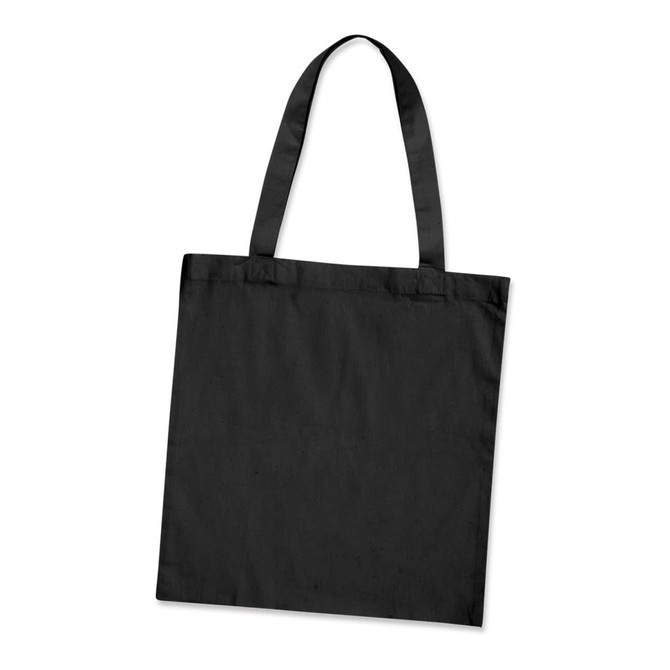 A black cotton tote bag with two long handles and a plain design, featuring a logo.
