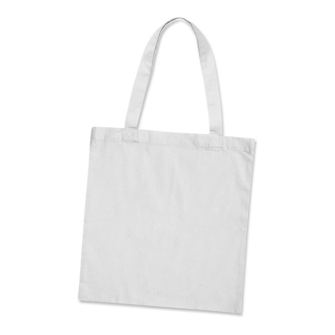 A cotton tote bag in white with two shoulder straps and a logo on one side.