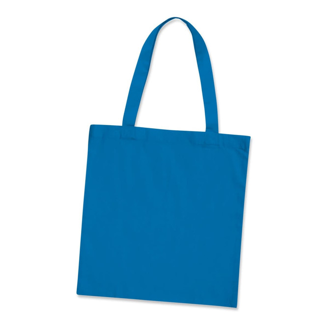 A blue cotton tote bag with two handles and a plain design. It features a logo on one side.