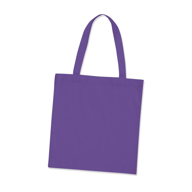 A purple cotton tote bag with two handles and no visible design elements. It has a logo on one side.