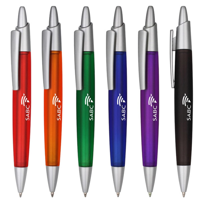 A collection of plastic pens in orange, green, blue, purple, and black, each featuring a silver clip and branding.