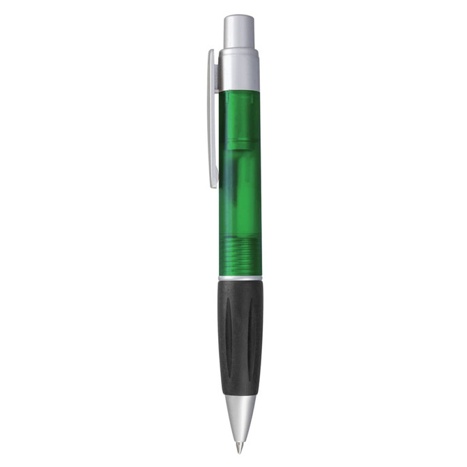 A green plastic pen with a silver clip and a textured black grip. It features a logo.