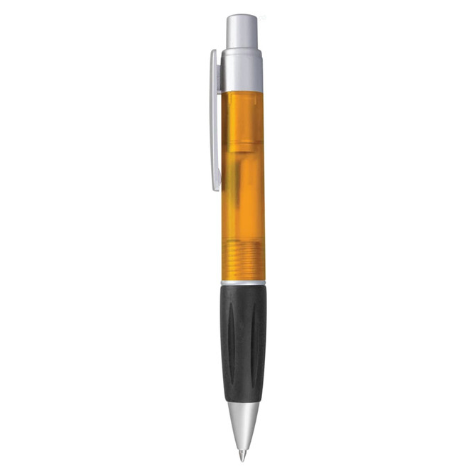 A plastic pen in vibrant orange with a silver clip and a black grip. The pen has a transparent barrel.