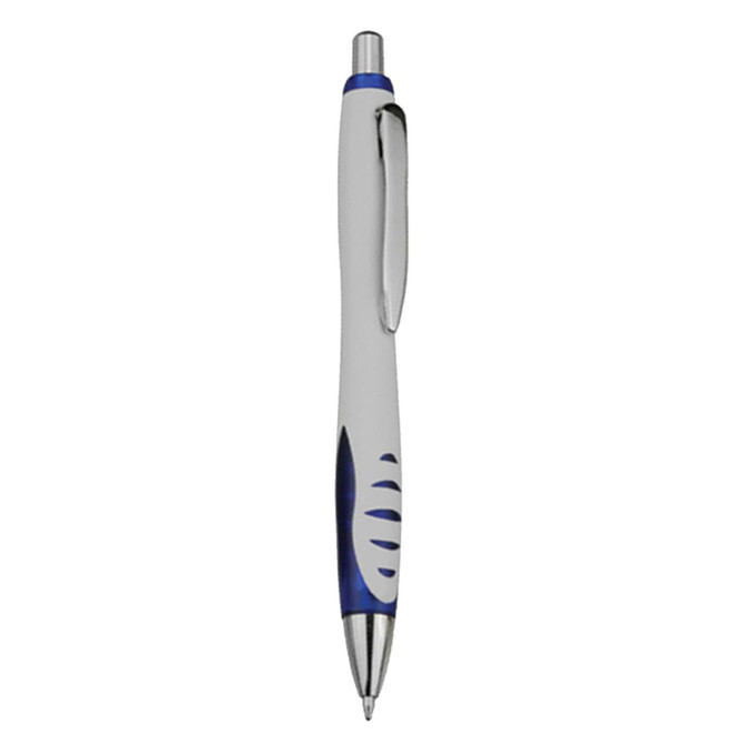 A plastic pen in white and blue, featuring a sleek design and a clip, with a logo on the side.
