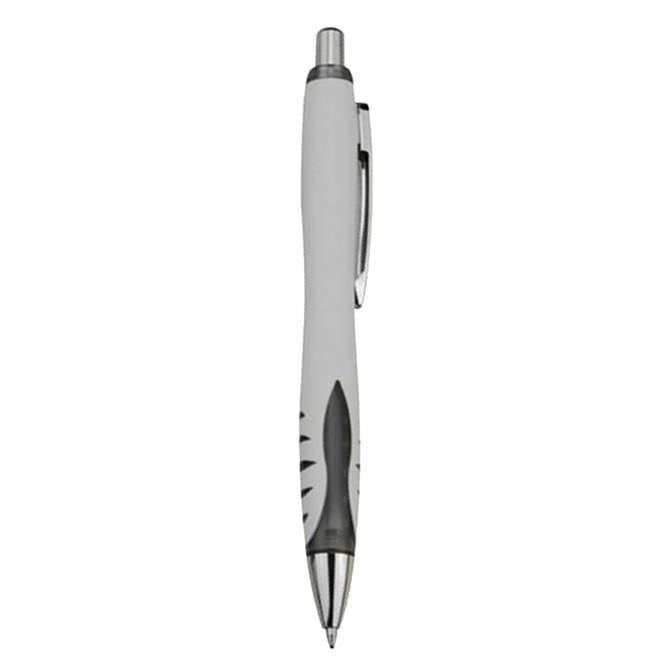 A plastic pen in white with a grey grip and silver accents. The pen features a branded logo.