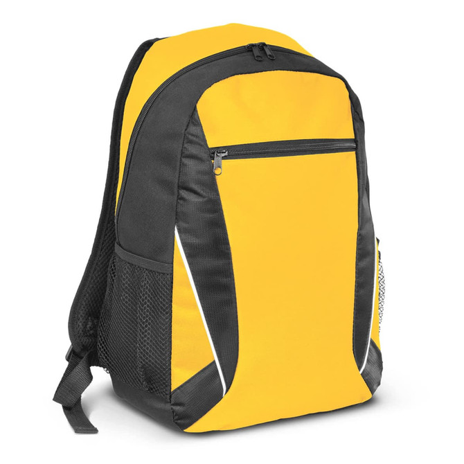 A yellow and black backpack with a front zip pocket and mesh side pockets, featuring a logo.