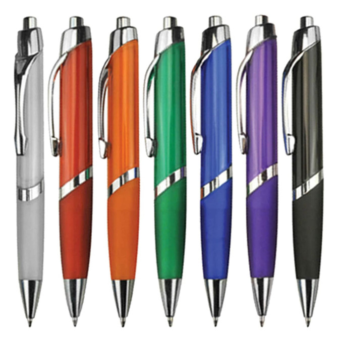 A collection of plastic pens in grey, orange, green, blue, purple, and black, each featuring a silver accent and a logo.