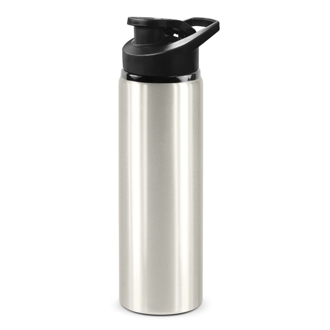 A drink bottle in silver stainless steel with a black snap cap and a handle. It features a logo on the side.