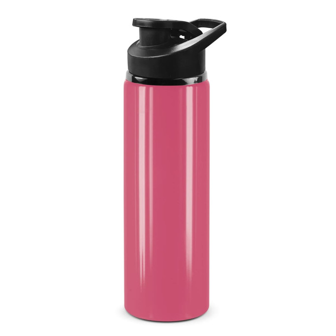 A drink bottle in vibrant pink with a black snap cap and a branded logo.