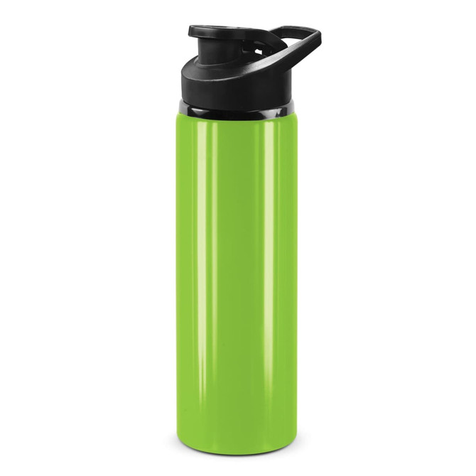 A drink bottle in bright green with a black snap cap and a sleek design. It features a logo on the side.