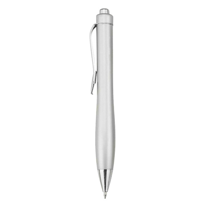 A silver plastic pen with a sleek design and a clip, featuring a branding logo.