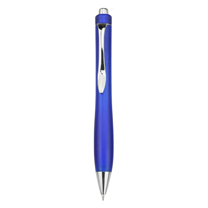A blue plastic pen with a sleek design and a silver clip. It features a metal tip and a branding logo.