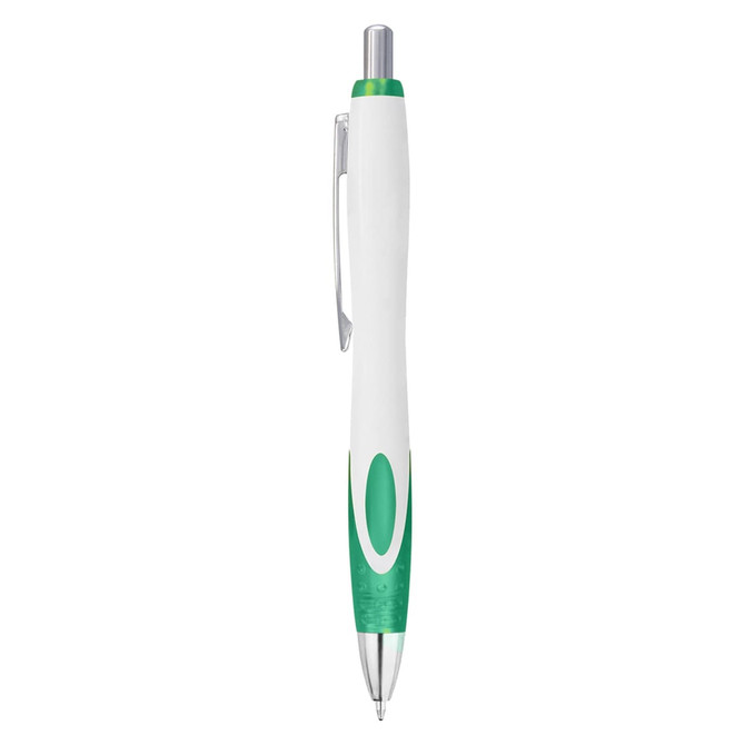A plastic pen in white and green, featuring a clip and a branding logo.