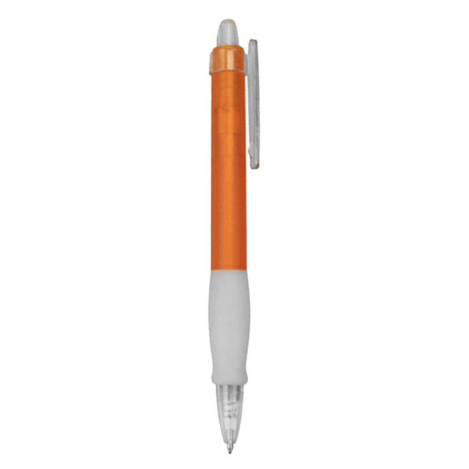 An orange plastic pen with a white grip section and a clip, featuring a clear barrel and a branding logo.