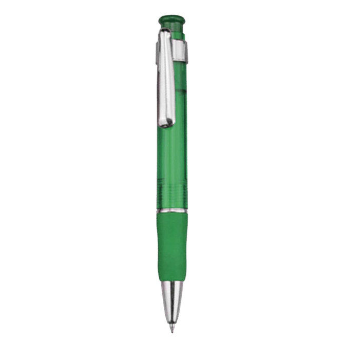 A plastic pen in green with a silver clip and a comfortable grip. It features a logo on the body.