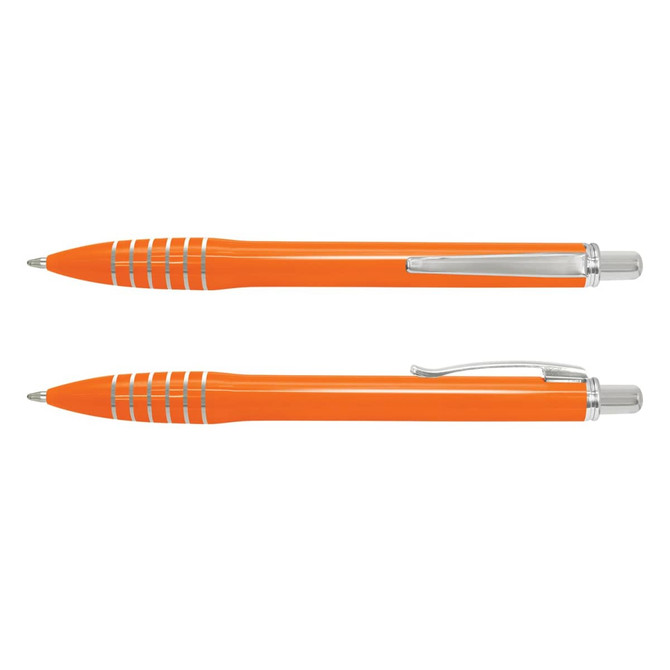 An orange plastic pen with silver accents and a sleek design, featuring a clip and decorative rings.