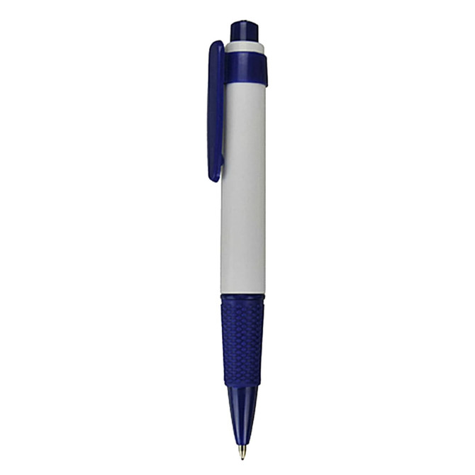 A plastic pen in white and blue, featuring a textured grip and a clip, with a logo visible on the barrel.