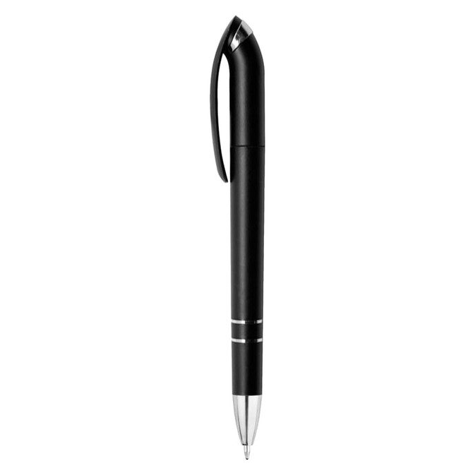 A black metallic pen with a sleek design featuring a clip and silver accents. The pen has a branding logo.
