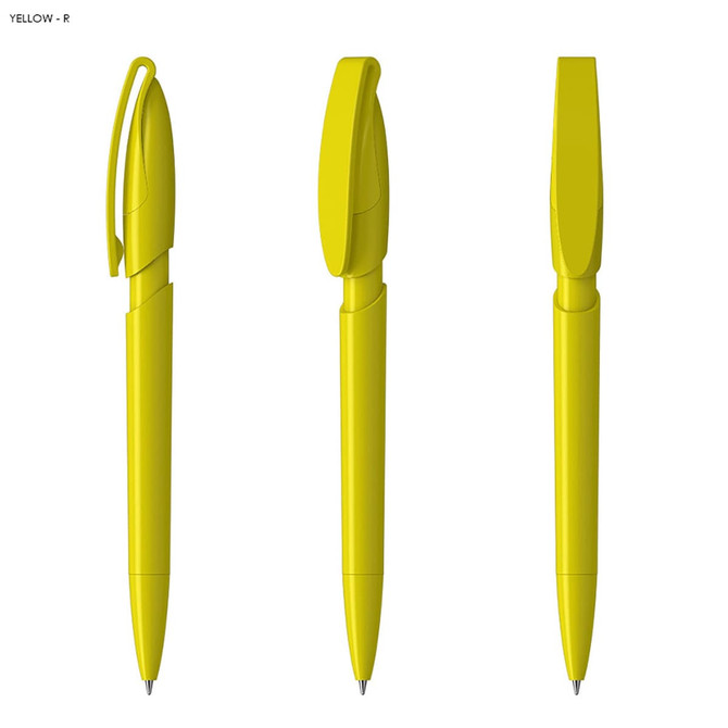 A yellow plastic pen with a sleek design, featuring a clip and a logo. Showcased from three angles.
