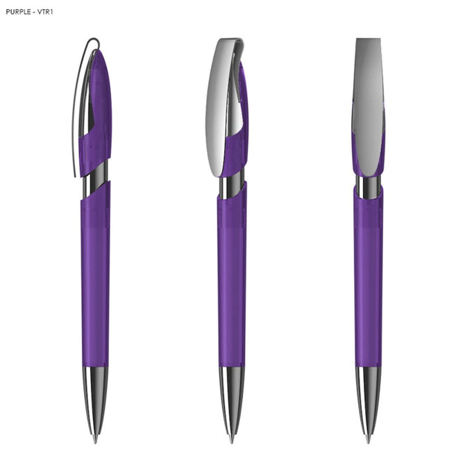 A purple plastic pen with a silver clip and trim, featuring three different angles. It has a logo on it.
