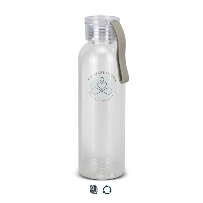 A drink bottle made of clear plastic with a grey handle and a logo on the front.