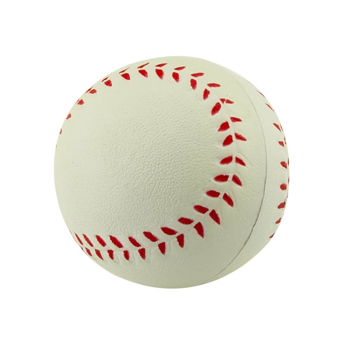 A stress ball resembling a white baseball with red stitching details and a smooth texture.