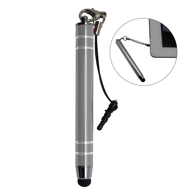 A metal stylus pen in grey, featuring a clip and a removable tether for attachment to devices.