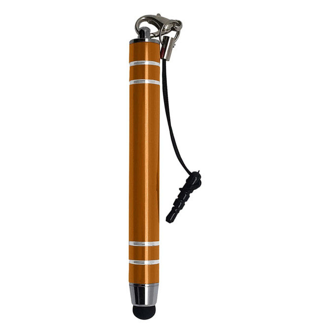 A stylus pen in vibrant orange with silver accents, featuring a rubber tip and attached lanyard for convenience.