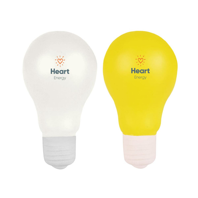 A pair of stress light bulbs, one white and one yellow, featuring a logo on both.