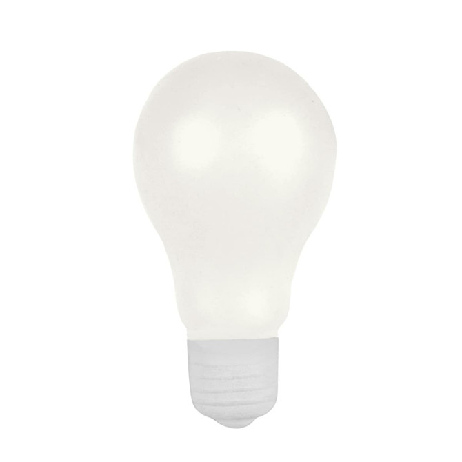A stress relief bulb in white, shaped like a light bulb, with a grey base. It features a simple design and a logo.