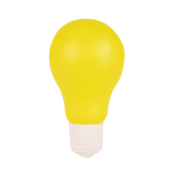 A yellow stress light bulb shaped product with a white base, featuring a logo.