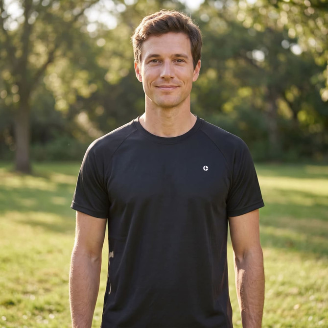 A black T-shirt displayed on a man standing outdoors in a green setting, featuring a branding logo.