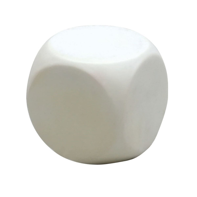 A round, white stress cube with rounded edges and a smooth surface, featuring a logo.