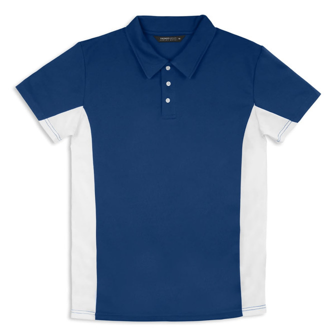 A navy blue polo shirt with white side panels and a collar. It features a three-button placket and has a logo.