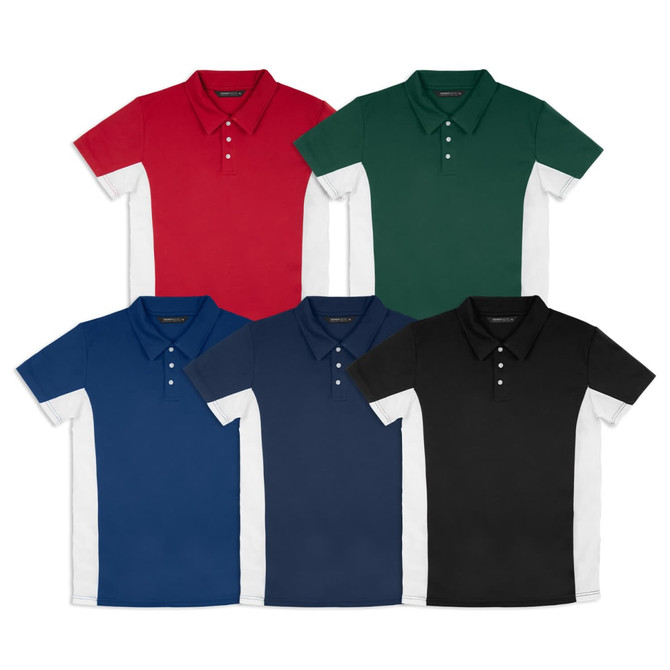 A collection of five polo shirts in red, green, blue, black, and white. Each shirt has a logo.