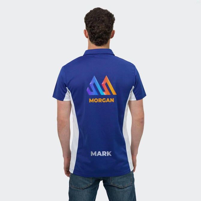 A blue and white men's polo shirt featuring a design on the back and a logo, with "Morgan" and "Mark" printed.