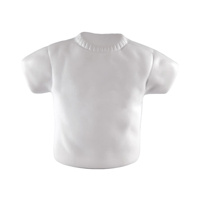 A white, soft stress T-shirt with short sleeves and a ribbed neckline. The item is shaped like a casual shirt.