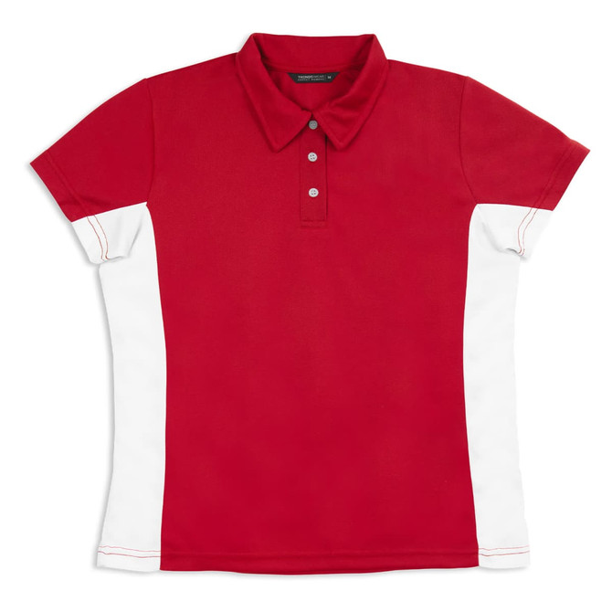 A red women’s polo shirt with white side panels and a collar, featuring buttons and a logo.