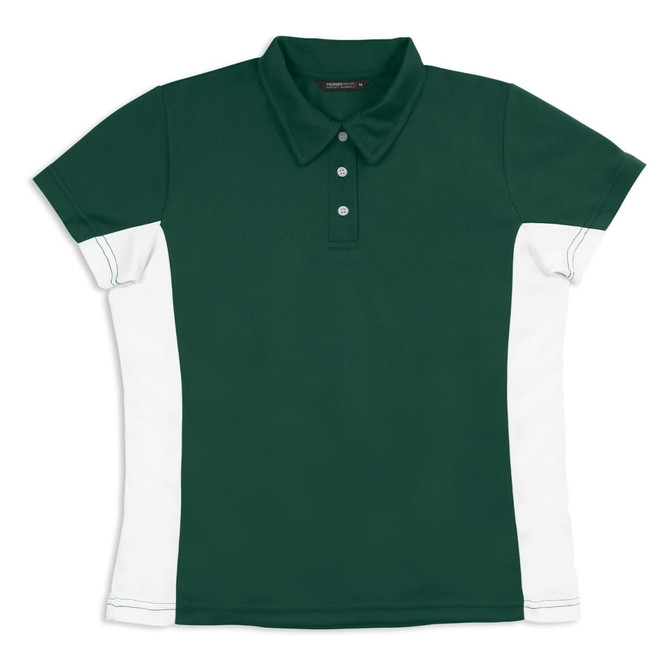 A dark green polo shirt with white side panels and a collar, featuring a logo.